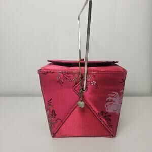 Vintage Yans NY Chinese Take-Out Style Red Floral Handbag with Metal Handle
